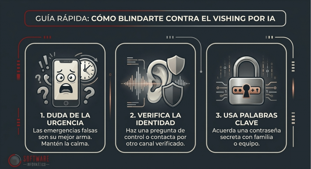 Infografía resumen con 3 consejos para evitar estafas de clonación de voz por IA de Software Informático